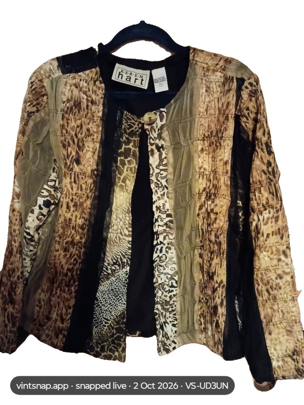 KEREN hart Patchwork Animal Print Button-Down Top in Beige and Black